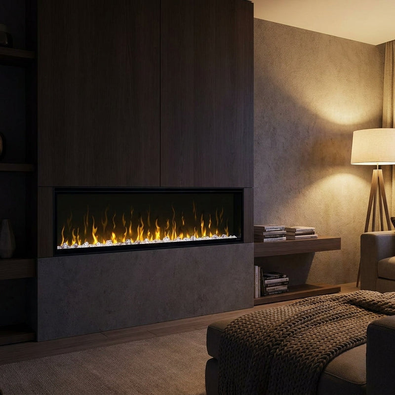Dimplex IgniteXL built-in linear electric fireplace in a modern media wall at night