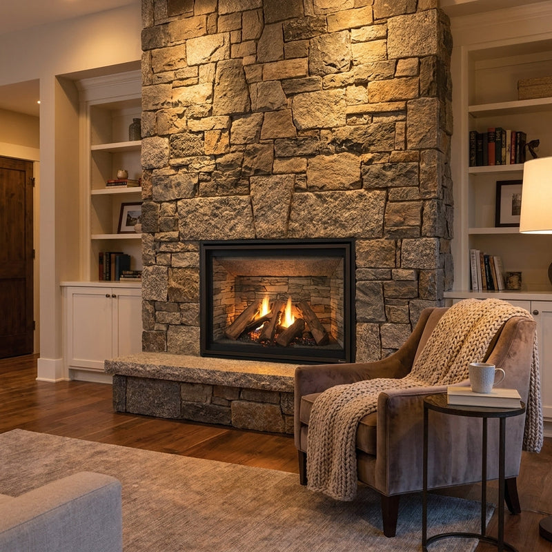 Majestic direct vent gas fireplace with log set in a stone chimney living room