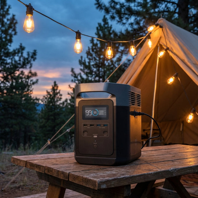 Portable power station running string lights at a campsite at dusk