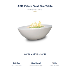 AFD Calais Oval fire table specs: 60 x 36 x 18 inches, 240 lbs