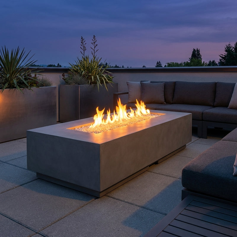 AFD Contempo LP Select Long fire table in Smoke burning on a modern terrace at dusk
