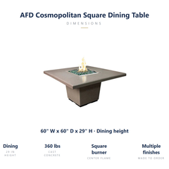 AFD Cosmopolitan Square dining fire table specs: 60 x 60 x 29 inches