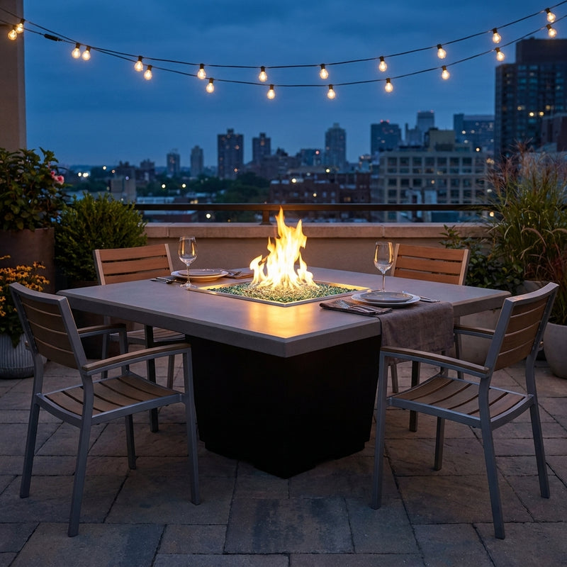AFD Cosmopolitan Square dining fire table in Smoke finish set for dinner at dusk