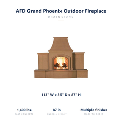 AFD Grand Phoenix outdoor fireplace specs: 113 x 36 x 87 inches, 1400 lbs