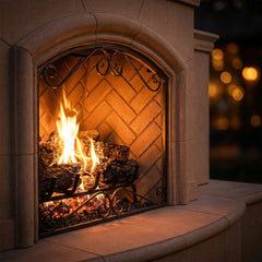 Close-up of the log fire and herringbone interior of the AFD Grand Phoenix outdoor fireplace