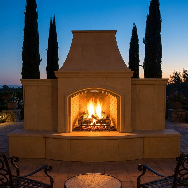 American Fyre Designs Grand Phoenix outdoor gas fireplace burning on an estate patio at dusk