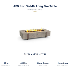 AFD Iron Saddle Long fire table specs: 72 x 36 x 17 inches