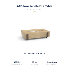 AFD Iron Saddle fire table specs: 60 x 36 x 17 inches, 370 lbs