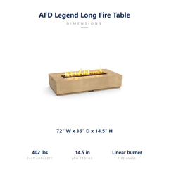 AFD Legend Long fire table specs: 72 x 36 x 14.5 inches, 402 lbs