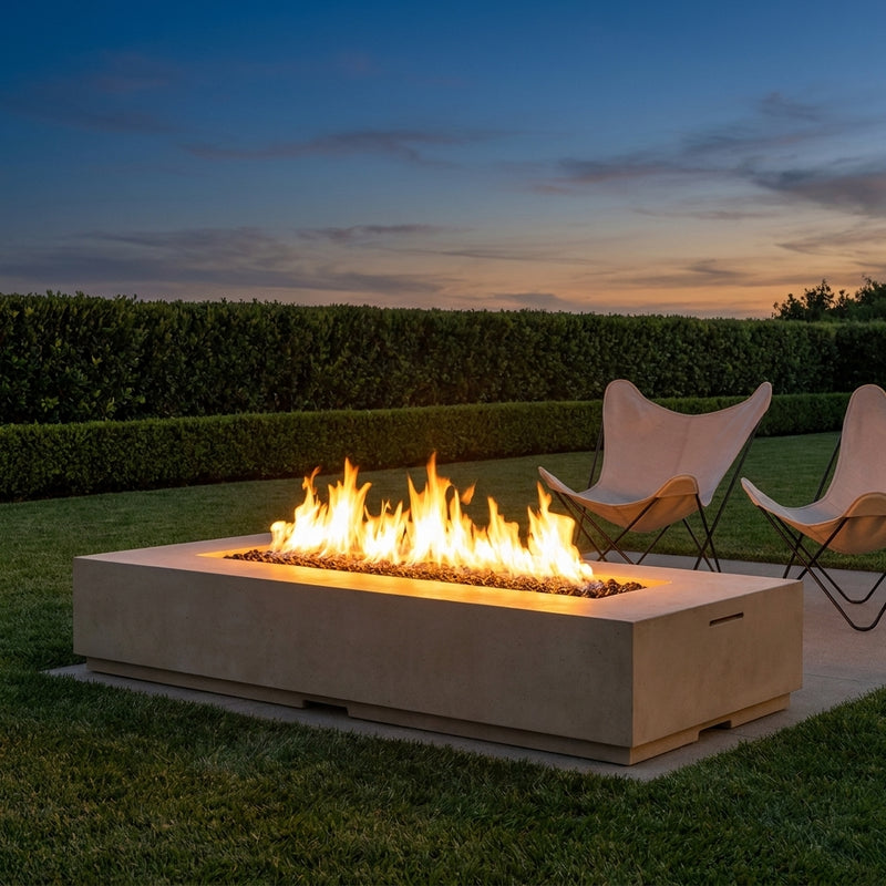 AFD Legend Long low fire table burning on a minimalist terrace at dusk