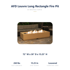 AFD Louvre 72 fire pit specs: 72 x 30 x 15.25 inches, 260 lbs
