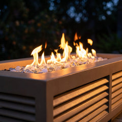 Close-up of the flame and louvered side of the AFD Louvre Long fire pit
