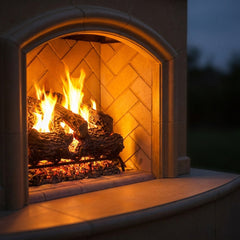 Close-up of the log fire inside the AFD Mariposa outdoor fireplace