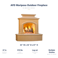 AFD Mariposa outdoor fireplace specs: 65 x 36 x 67 inches