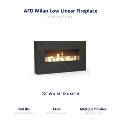 AFD Milan Low linear outdoor fireplace specs: 72 x 16 x 44 inches
