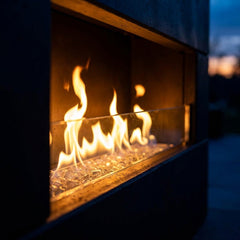 Close-up of the linear flame of the AFD Milan Low outdoor fireplace