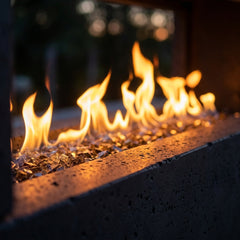 Close-up of the linear flame of the AFD Milan Tall outdoor fireplace