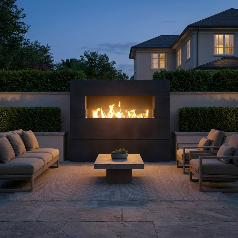 American Fyre Designs Milan Tall linear outdoor fireplace in Black Lava burning on a patio seating area at dusk