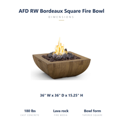 AFD Reclaimed Wood Bordeaux 36 fire bowl specs: 36 x 36 x 15.25 inches, 180 lbs