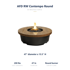 AFD Reclaimed Wood Contempo Round specs: 47 diameter x 15.5 inches, 200 lbs