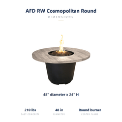 AFD Reclaimed Wood Cosmopolitan Round specs: 48 diameter x 24 inches, 210 lbs