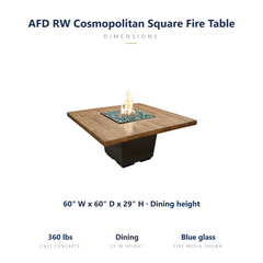 AFD Reclaimed Wood Cosmopolitan Square fire table specs: 60 x 60 x 29 inches, 360 lbs