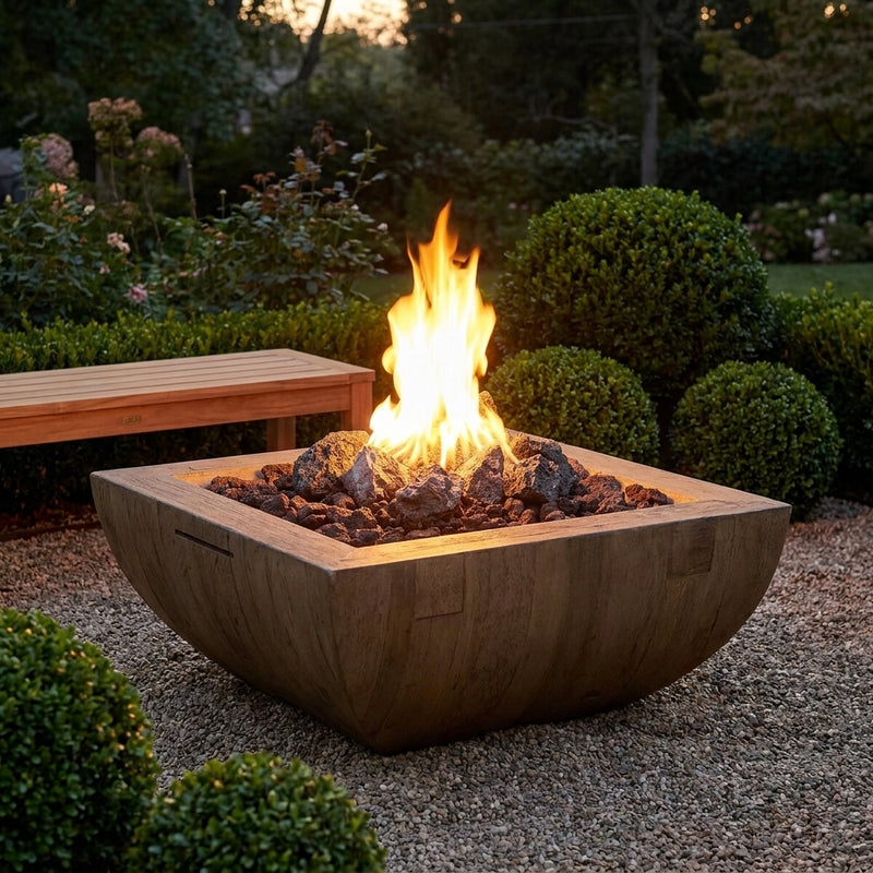 AFD Reclaimed Wood Bordeaux Square fire bowl with lava rock burning in a garden at dusk