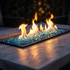 Close-up of blue fire glass flames on the AFD Contempo LP Select fire table
