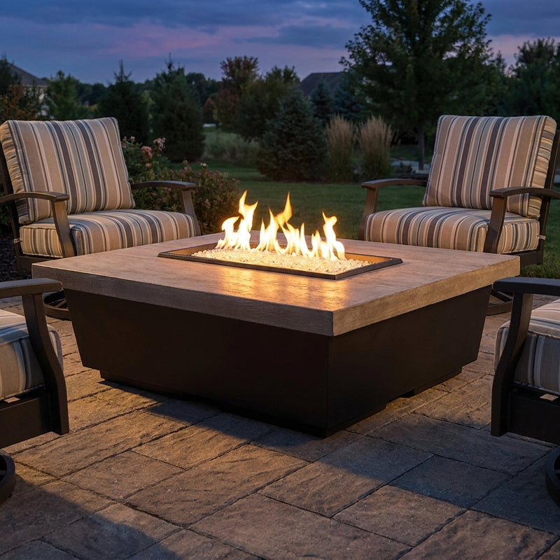 AFD Reclaimed Wood Contempo Rectangle fire table burning on a paver patio at dusk