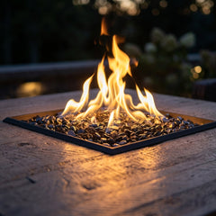 Close-up of flames and wood-grain top of the AFD Contempo Square fire table