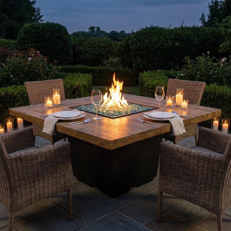 AFD Reclaimed Wood Cosmopolitan Square dining fire table set for dinner at dusk