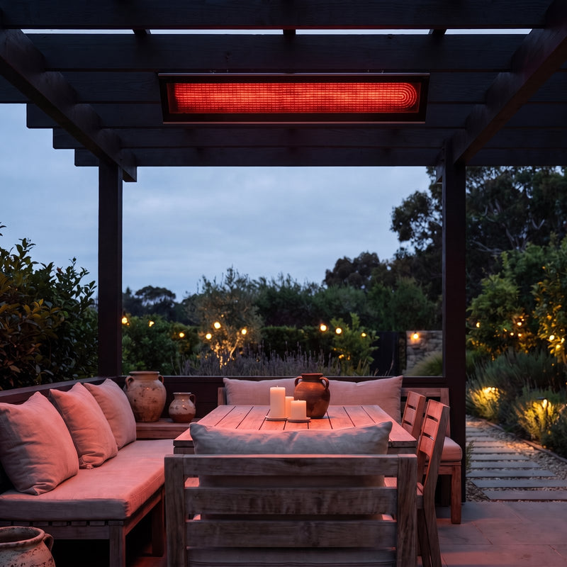 Bromic Platinum Smart-Heat Electric 4500W black panel glowing over a pergola dining nook at dusk