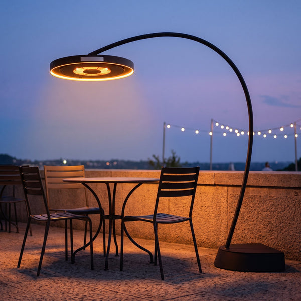 Bromic Eclipse portable electric heater arcing over a terrace table at dusk