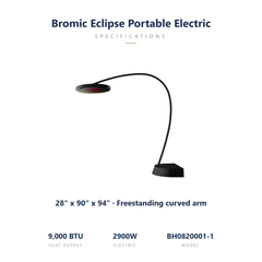 Bromic Eclipse portable electric heater specs: 28 x 90 x 94 inches, 9000 BTU
