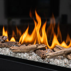 Flame detail: Dimplex Ignite Bold 100 built-in linear electric fireplace burning in an evening interior