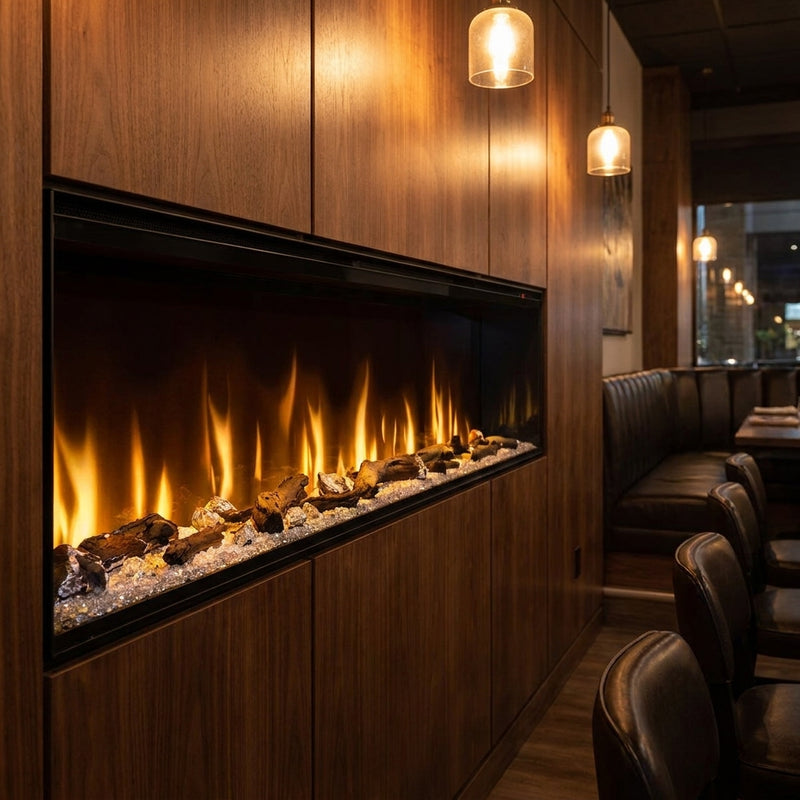 Dimplex Ignite Bold 100 built-in linear electric fireplace burning in an evening interior