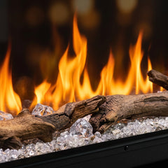 Flame detail: Dimplex Ignite Bold 60 built-in linear electric fireplace burning in an evening interior
