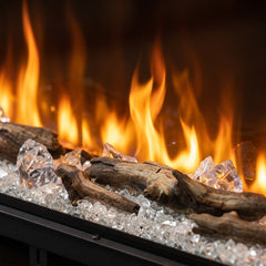 Flame detail: Dimplex Ignite Bold 74 built-in linear electric fireplace burning in an evening interior