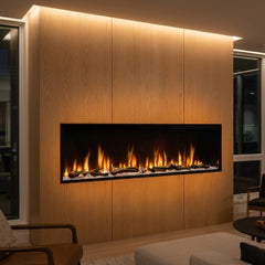Dimplex Ignite Bold 74 built-in linear electric fireplace burning in an evening interior