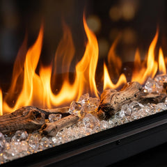Flame detail: Dimplex Ignite Bold 88 built-in linear electric fireplace burning in an evening interior