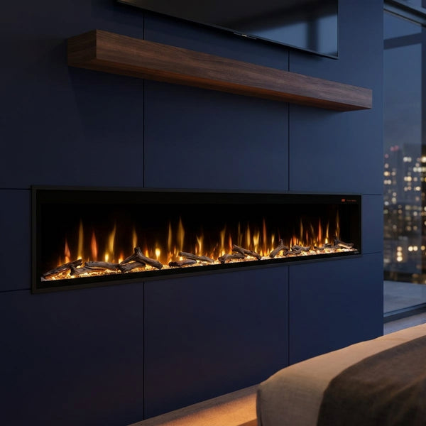 Dimplex Ignite Evolve 100 slim built-in linear electric fireplace glowing in an evening interior