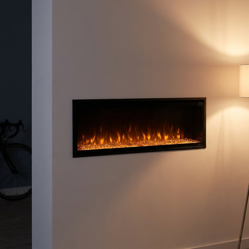 Dimplex Ignite Evolve 50 slim built-in linear electric fireplace glowing in an evening interior