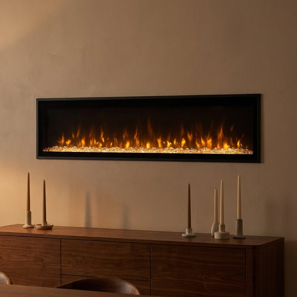 Dimplex Ignite Evolve 60 slim built-in linear electric fireplace glowing in an evening interior