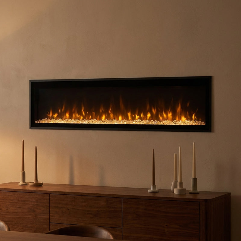 Dimplex Ignite Evolve 60 slim built-in linear electric fireplace glowing in an evening interior