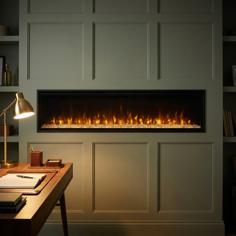 Dimplex Ignite Evolve 74 slim built-in linear electric fireplace glowing in an evening interior