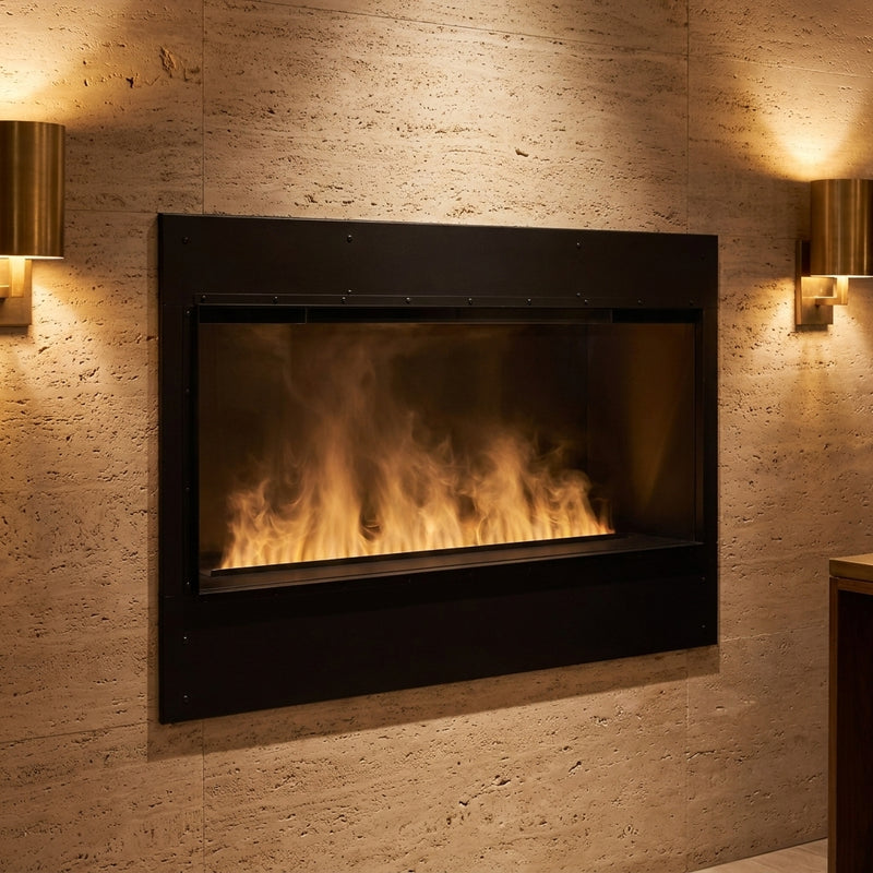 Dimplex Opti-myst Pro 1000 built-in water-vapor firebox in a travertine hotel wall at evening