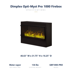Dimplex Opti-Myst Pro 1000 firebox dimensions: 46.63 x 31.75 x 16.25 inches, 136 lbs shipping weight