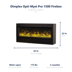 Dimplex Opti-Myst Pro 1500 built-in firebox dimensions: 65 x 32 x 16 inches, 175 lbs, includes three cassettes
