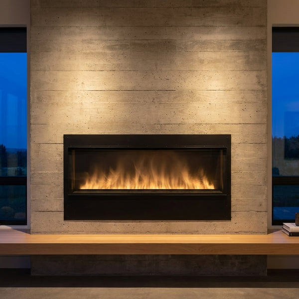 Dimplex Opti-myst Pro 1500 built-in electric firebox with water-vapor flame in a concrete feature wall at dusk