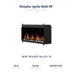 Dimplex Ignite Bold 50 dimensions: 50.55 x 23.9 x 12.1 inches, 122 lbs shipping weight